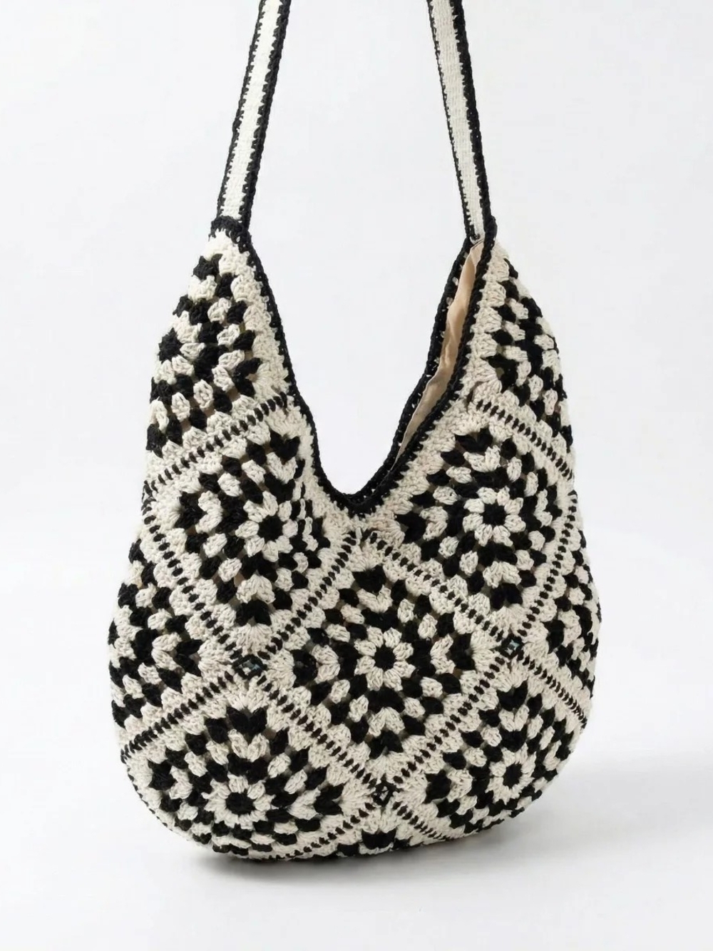 Black and Cream Crochet Hobo Bag - Picture 2 of 8